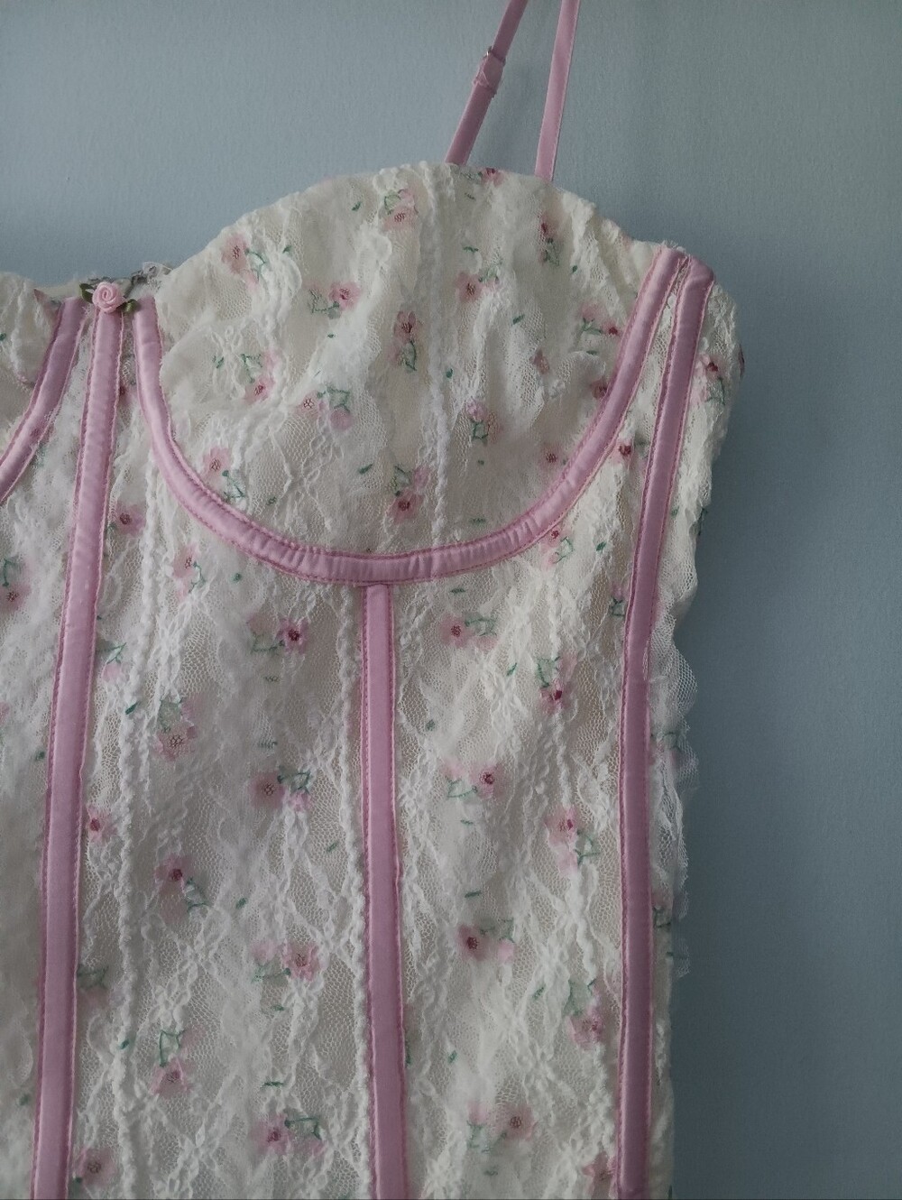 Pretty Garbage Cottagecore Floral Lace Corset Top Pink Ivory XL - Picture 4 of 5